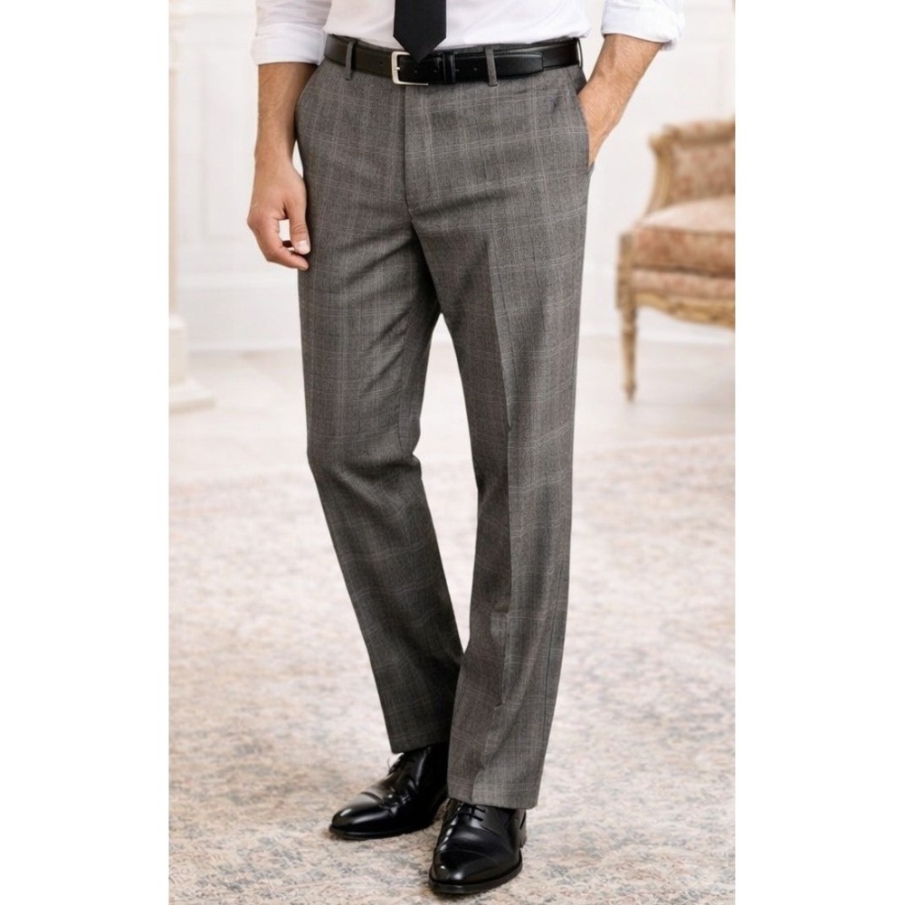 New River Men's Plaid Dress Pants Gray Classic Fit Wool Size 34 Made in Italy